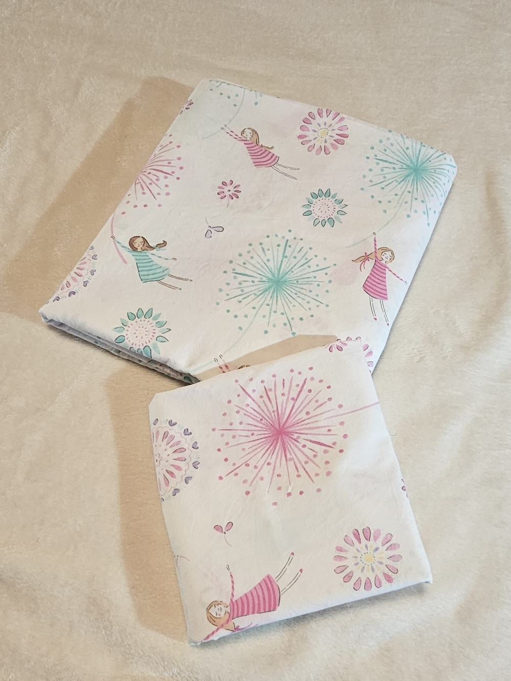 Pottery Barn Kids White with Pink & Aqua.  Flat Sheet & Pillowcase